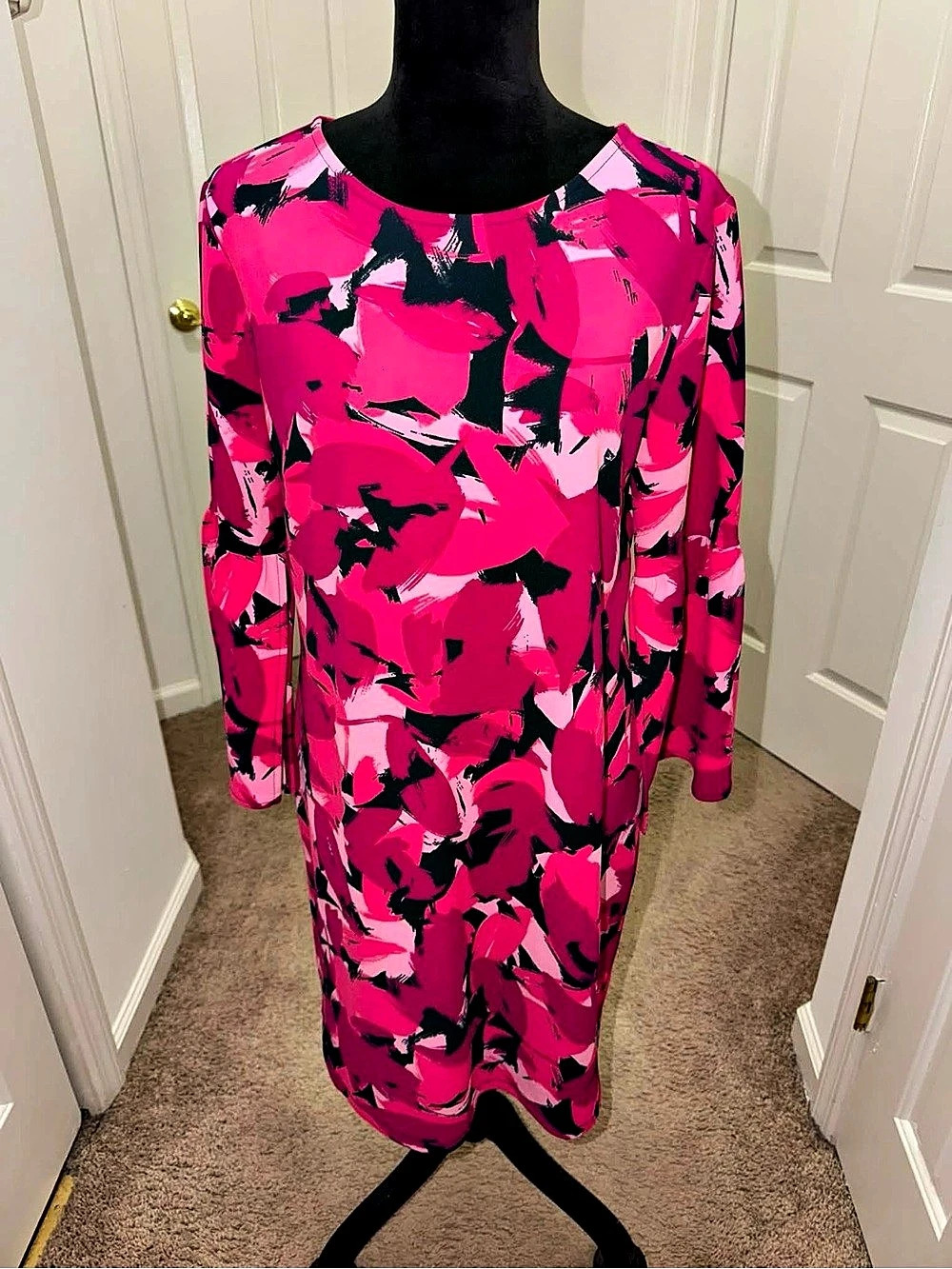 Banana Republic Black Pink Floral Split-Sleeve Dress Midi Dress